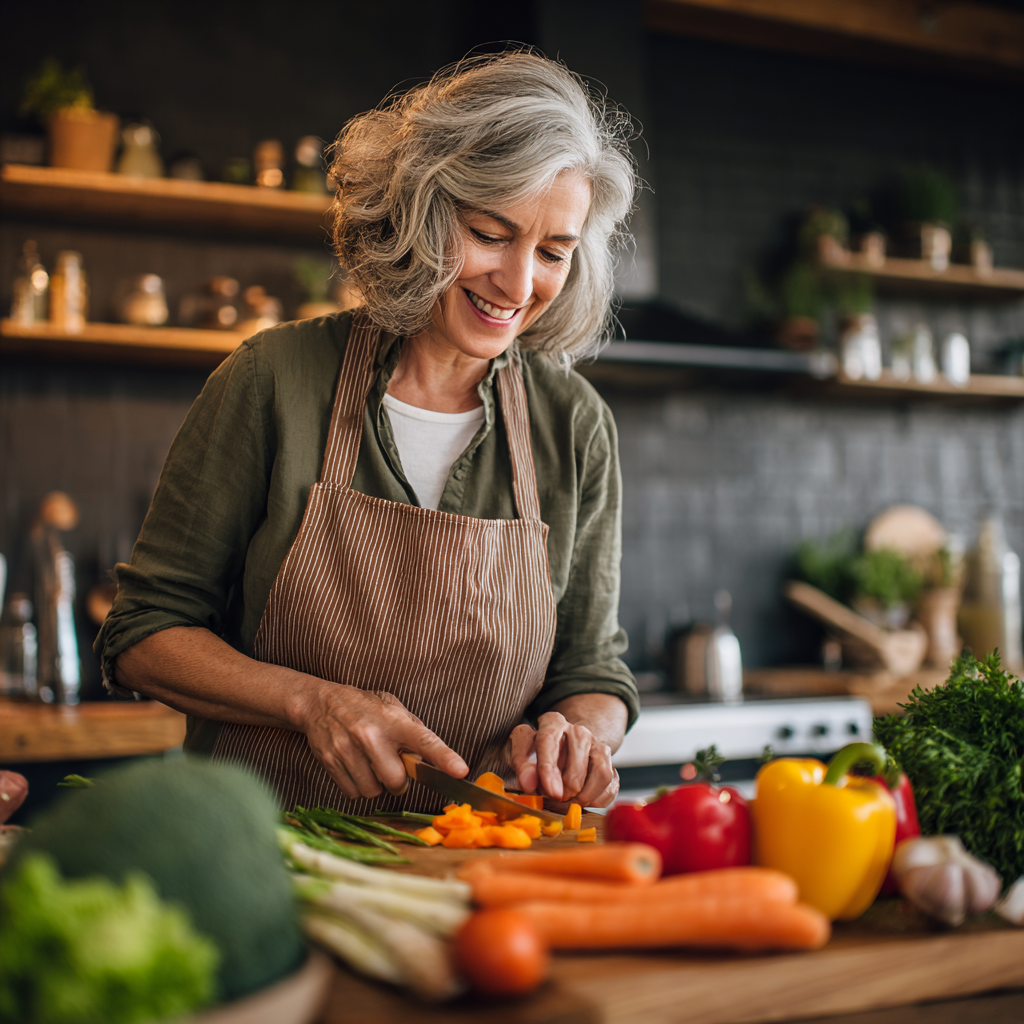 Middle-aged woman aged 48 preparing a colorful healthy meal with fresh vegetables in a modern kitchen, smiling while following a nutrition plan with ingredients organized on the counter