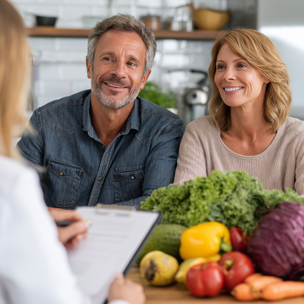 Professional nutritionist consulting with a mature couple aged 45-50, sitting at a bright kitchen table discussing healthy meal planning with fresh vegetables and fruits visible in the background